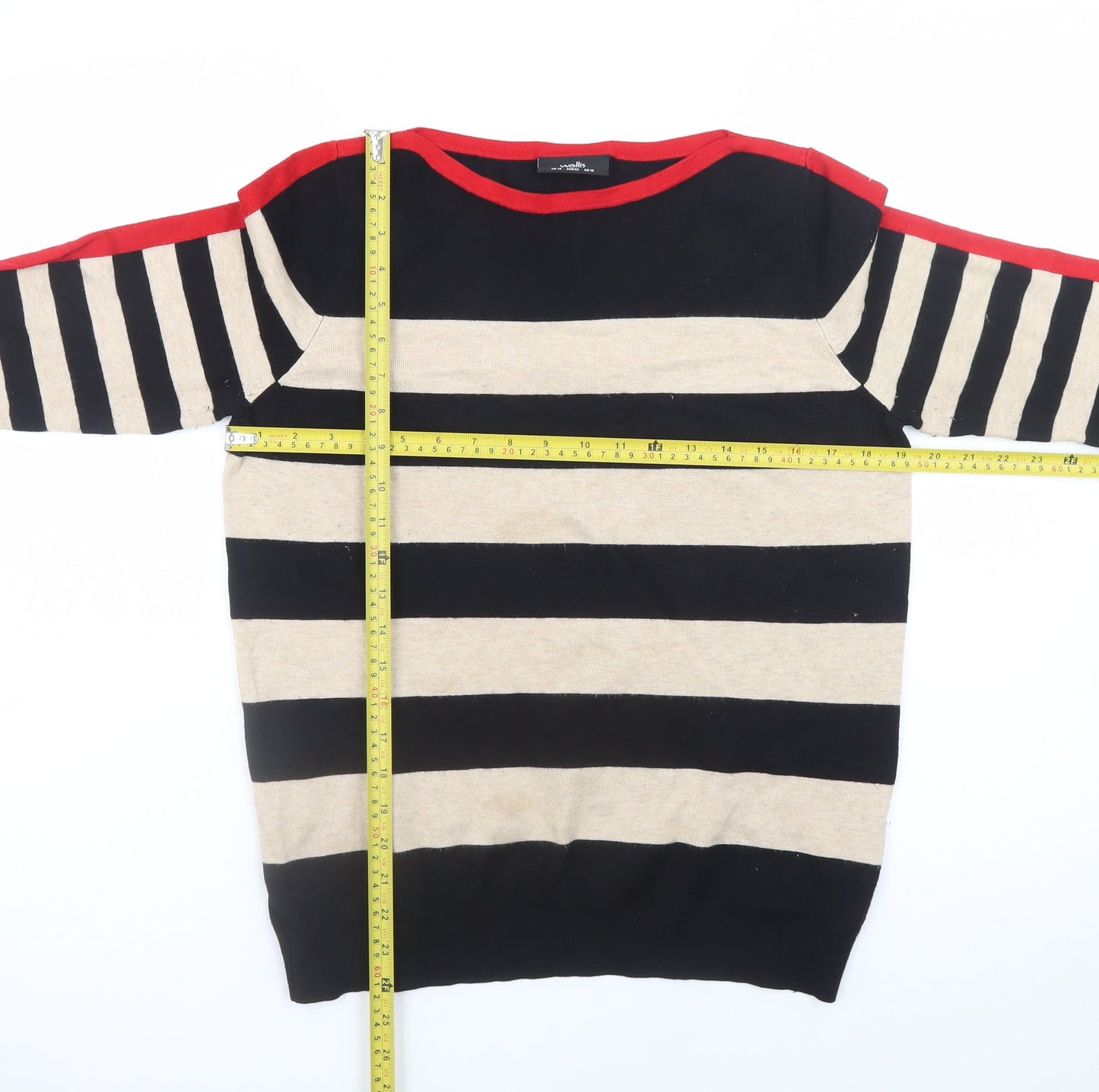 Wallis Women’s Black Beige Red Striped Boat Neck Jumper Size 14