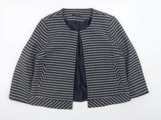 Dunnes Women Blue Geometric Pattern Mid-Length Open Jacket Size 20