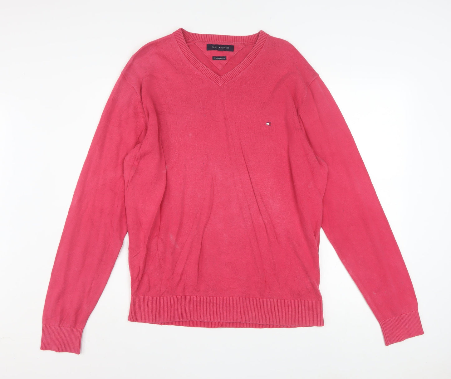 Tommy Hilfiger Men's Pink V-Neck Cotton Pullover Jumper XL