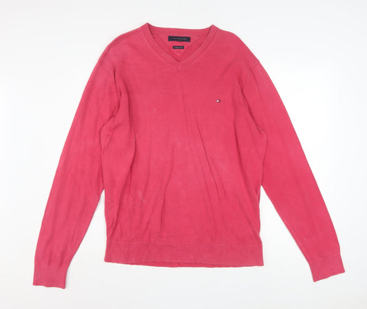 Tommy Hilfiger Men's Pink V-Neck Cotton Pullover Jumper XL
