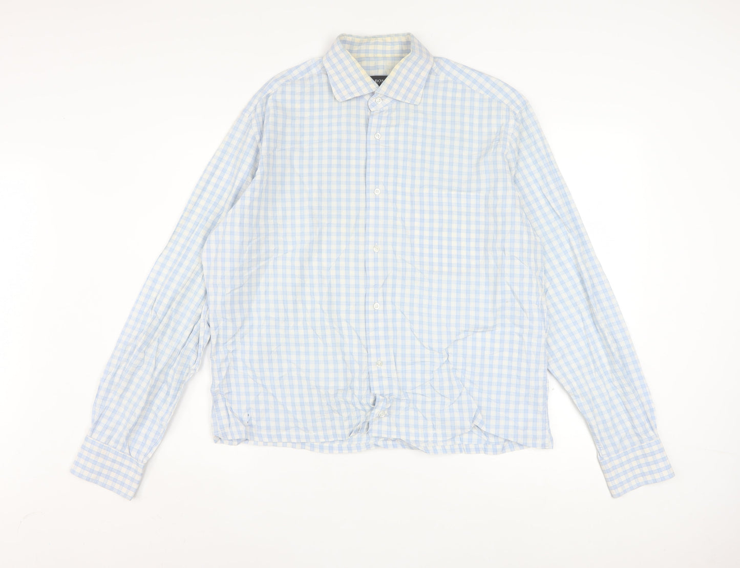 Hugo Boss Men's Blue Check Long Sleeve Cotton Button-Up Shirt Size 16