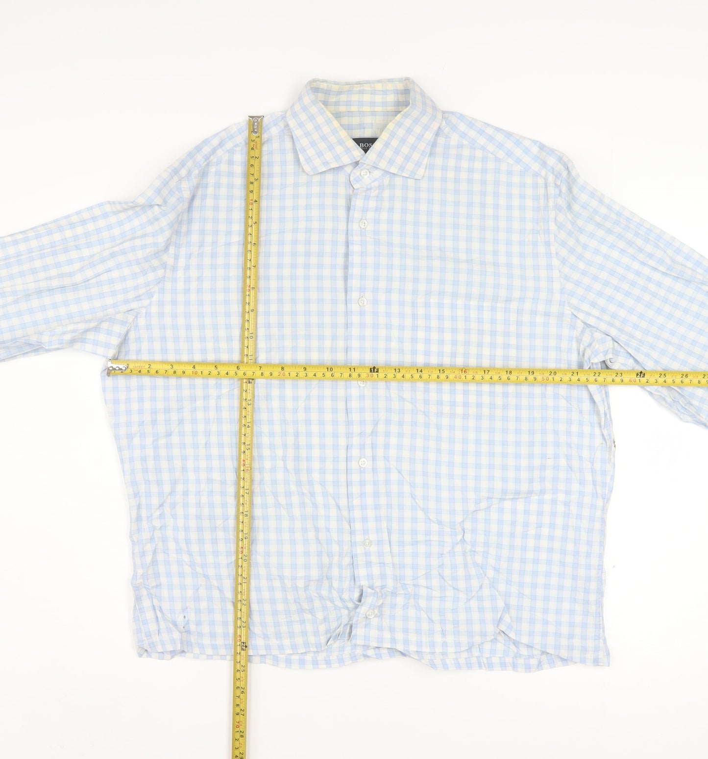 Hugo Boss Men's Blue Check Long Sleeve Cotton Button-Up Shirt Size 16