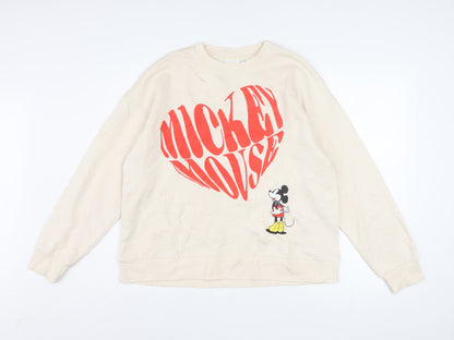 Front view of Disney Women Beige Mickey Mouse Pullover Sweatshirt M 12/14 Graphic Print