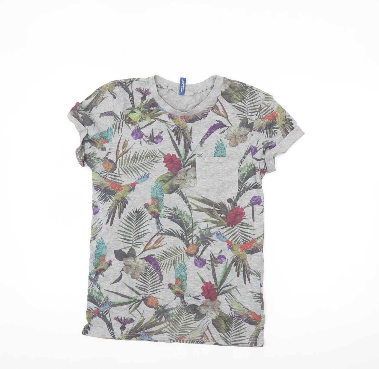 H&M Divided Men's Grey Tropical Floral Parrot Print T-Shirt XS