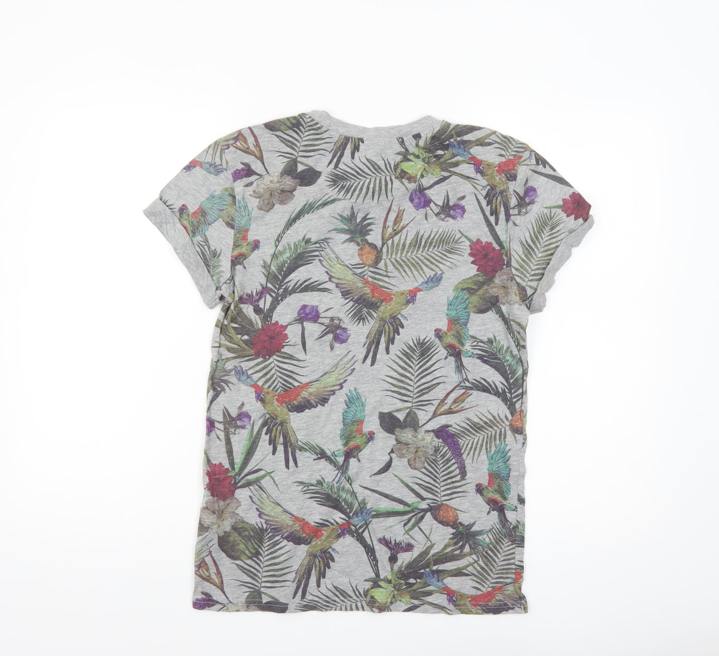 H&M Divided Men's Grey Tropical Floral Parrot Print T-Shirt XS