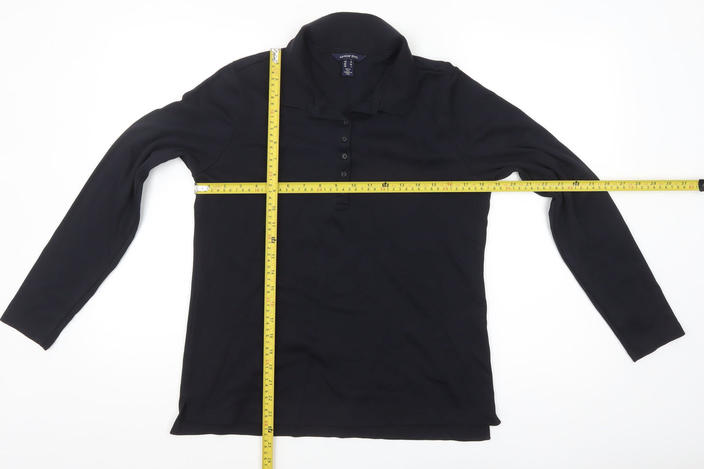 Lands' End Women's Black Cotton Long Sleeve Polo Shirt M