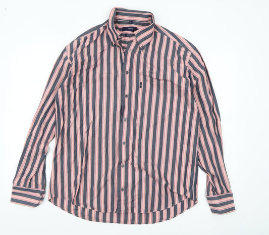 André Men's Blue Striped Long Sleeve Cotton Button-Up Shirt L