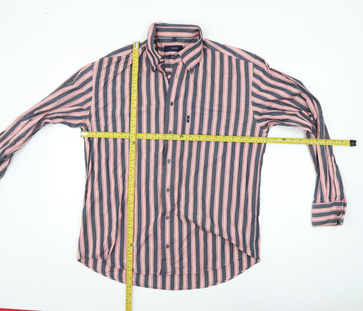 André Men's Blue Striped Long Sleeve Cotton Button-Up Shirt L