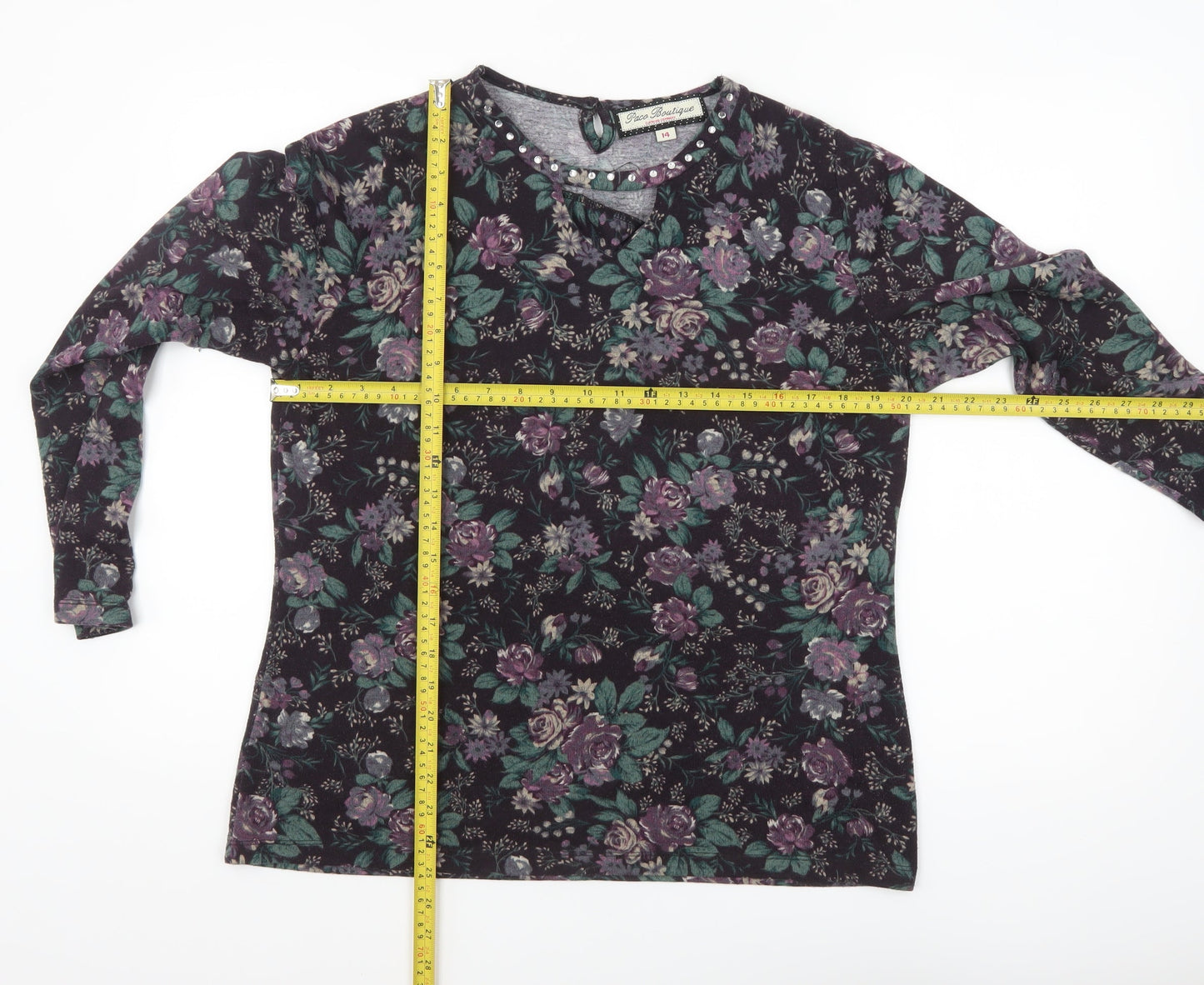 Paco Boutique Women’s Multicoloured Floral Beaded Long Sleeve Blouse Size 14