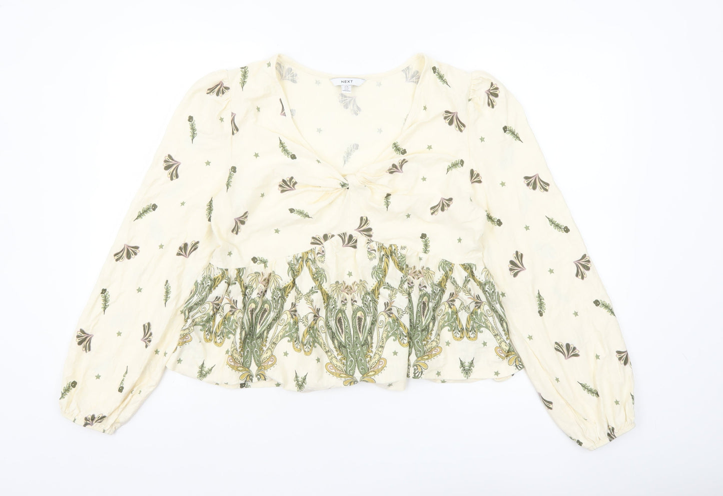 Next Women’s Beige Floral Tunic Blouse Size 16 Cotton V-Neck
