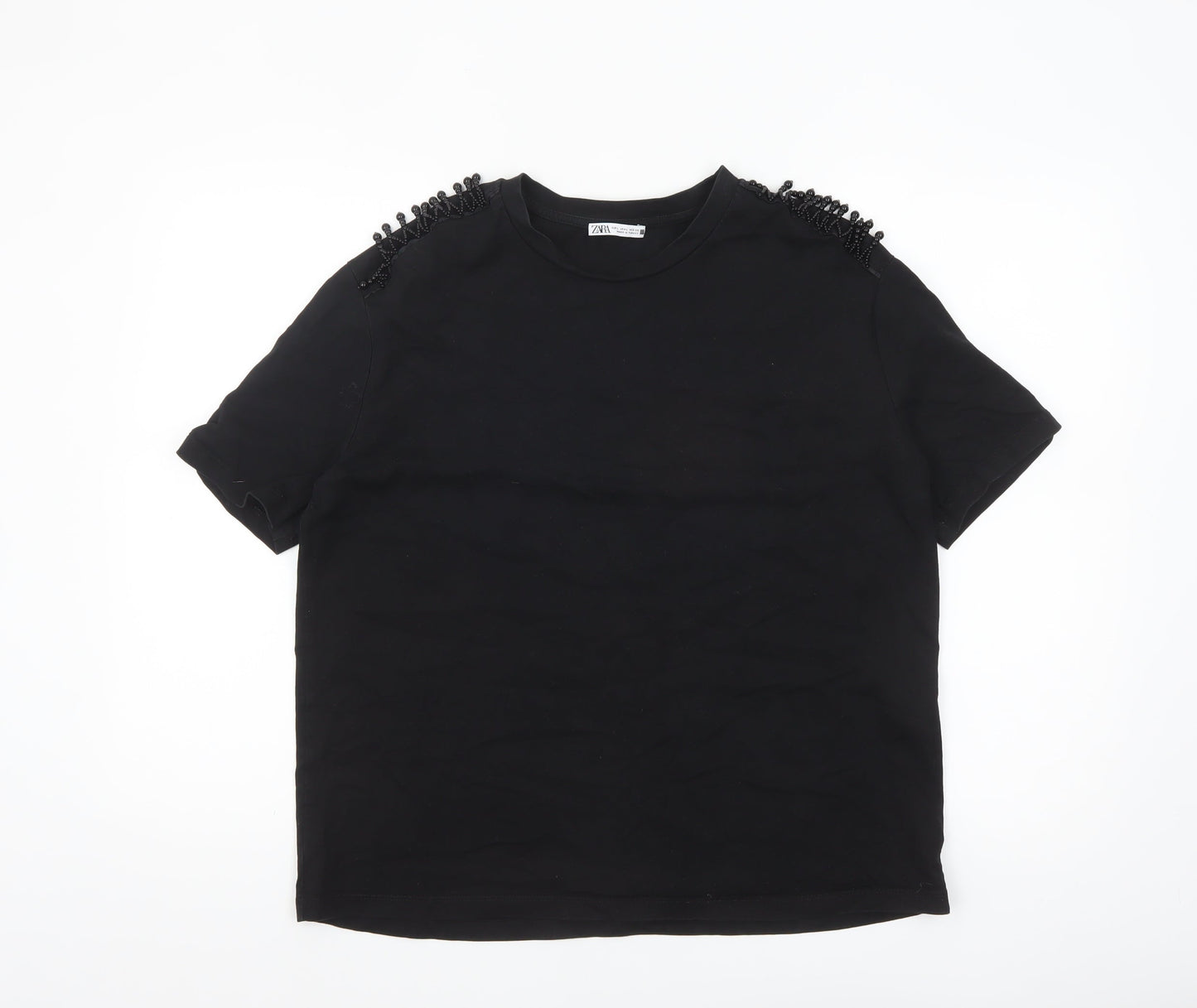 Zara Women Black Beaded Shoulder Cotton T-Shirt Size L