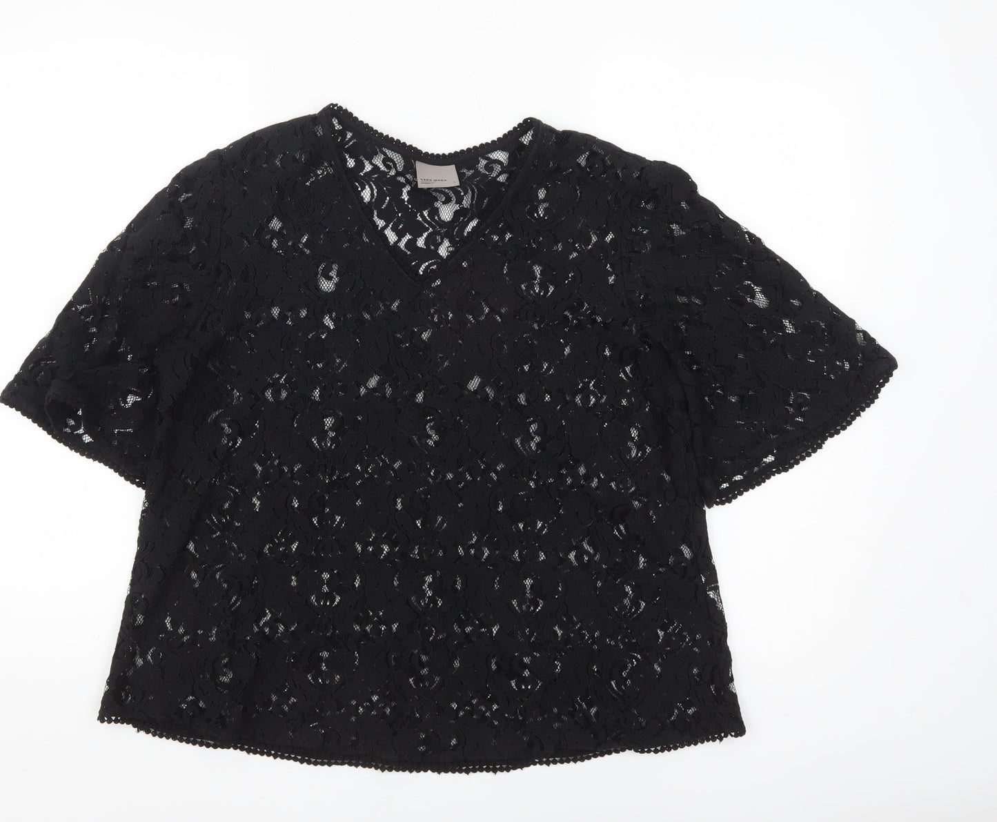 Vero Moda Women's Black Lace V-Neck Short Sleeve Blouse Size L