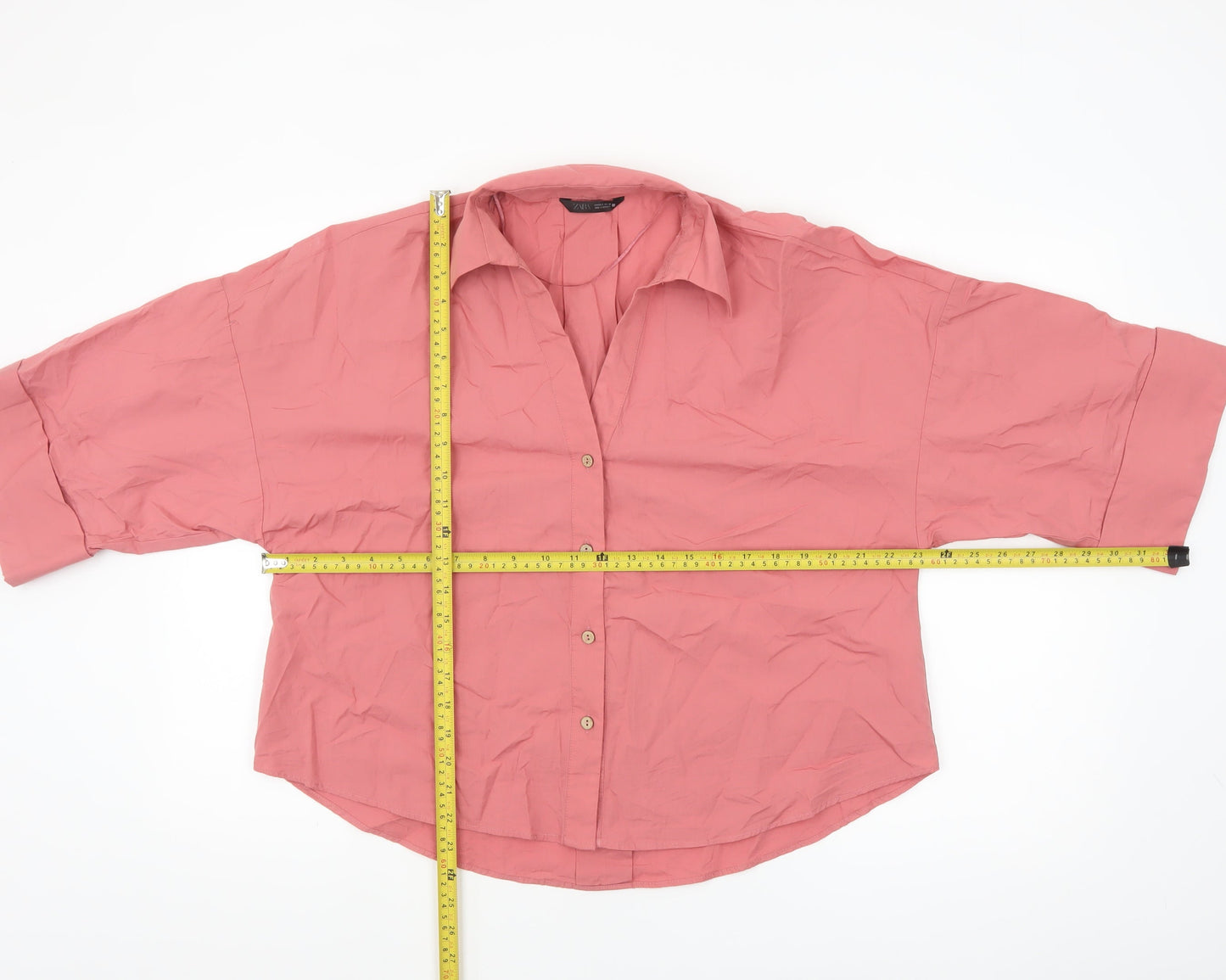 ZARA Women Pink Cotton Button-Up Shirt Size S Relaxed Fit 3/4 Sleeve