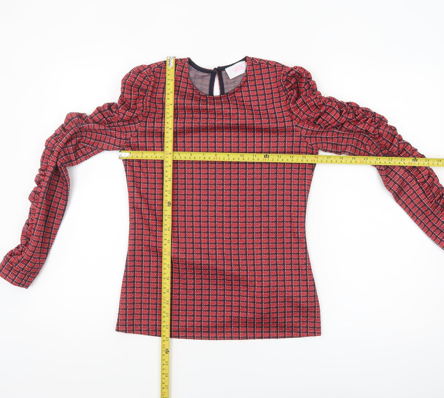 Savida Womens Red Check Ruffle Long Sleeve Blouse Size 8