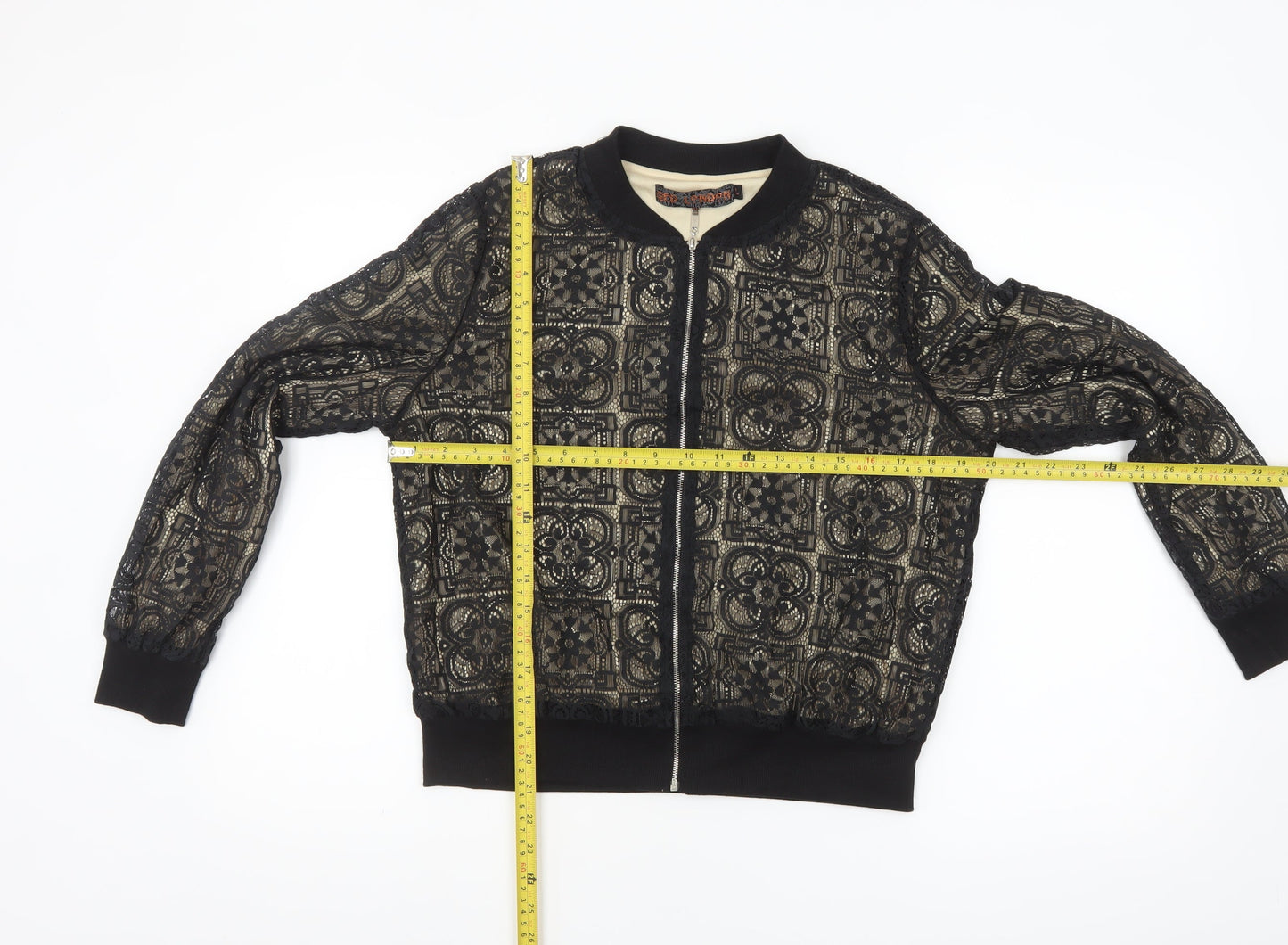 QED London Women’s Black Lace Bomber Jacket Lined Zip L Size