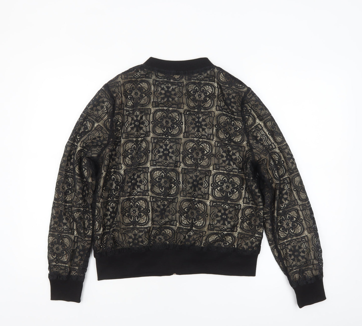 QED London Women’s Black Lace Bomber Jacket Lined Zip L Size