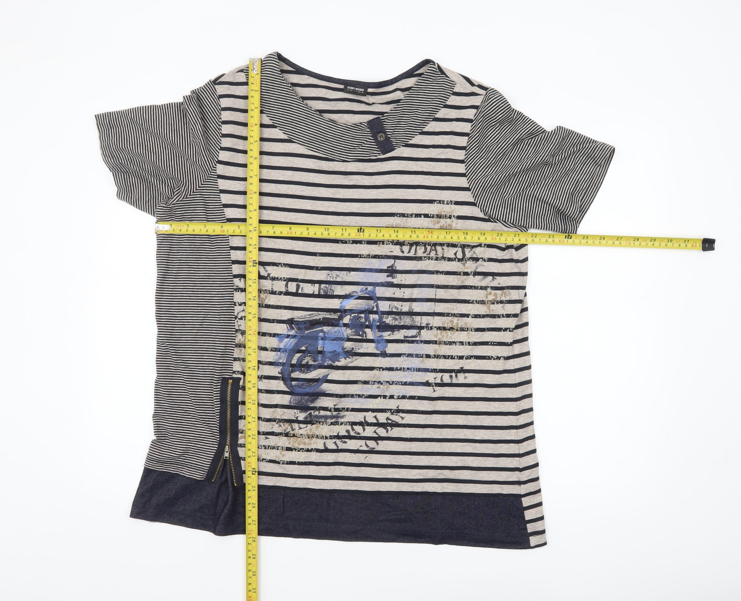 Gerry Weber Women Blue Striped Motorcycle Print T-Shirt Size 18
