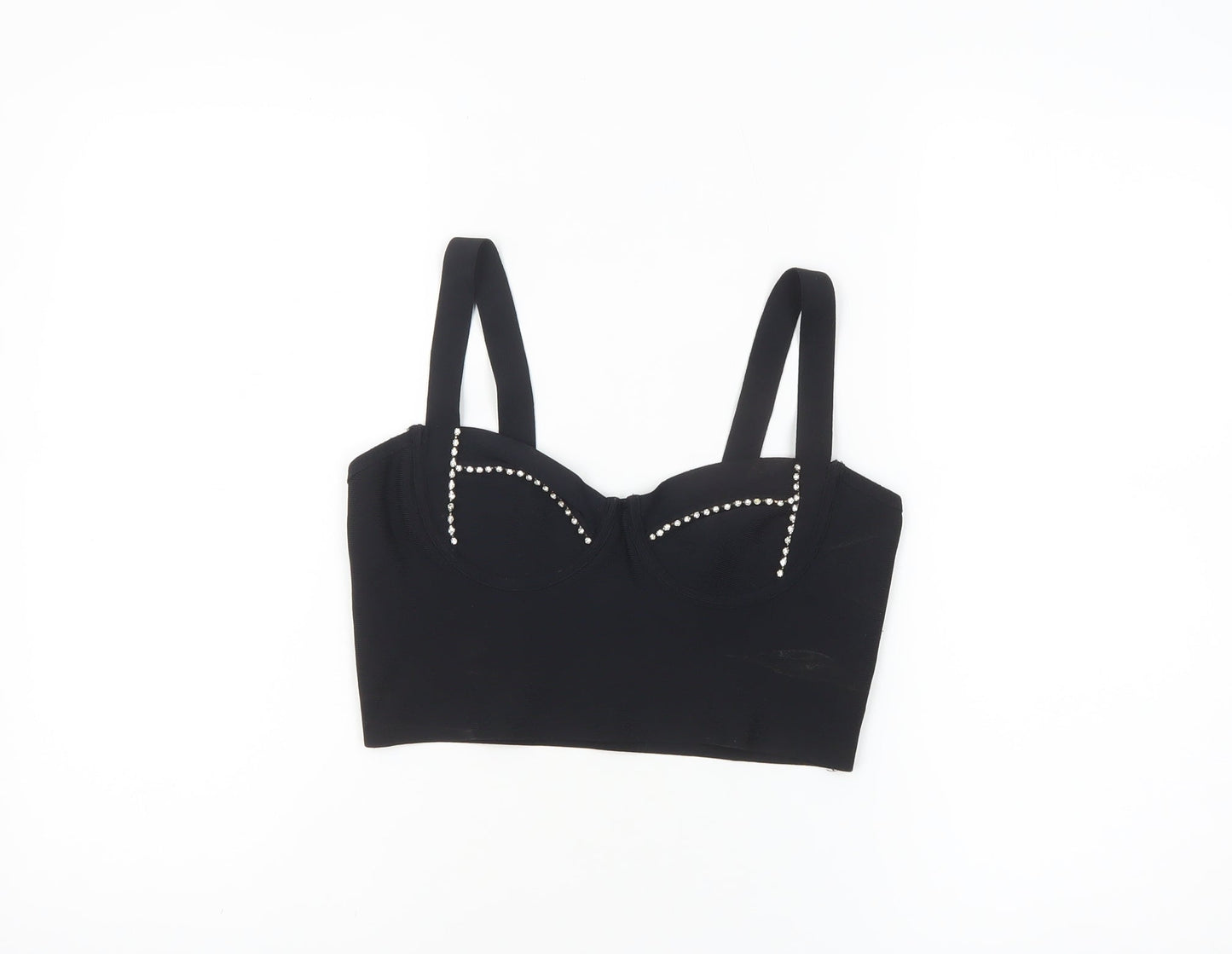 Bershka Women's Black Cropped Tank Top with Beaded Detail Size 12