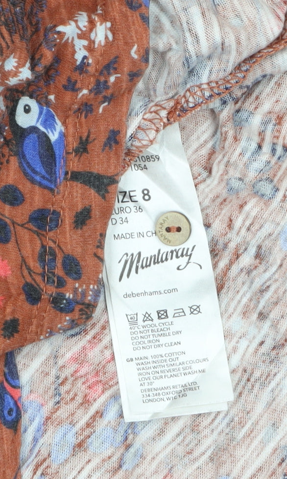 Mantaray Womens Brown Floral Tunic Blouse Size 8 V-Neck Cotton Top