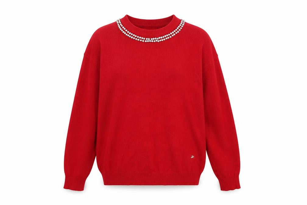 Lola Ruiz Womens Red Jewel Crew Neck Long Sleeve Jumper M/L