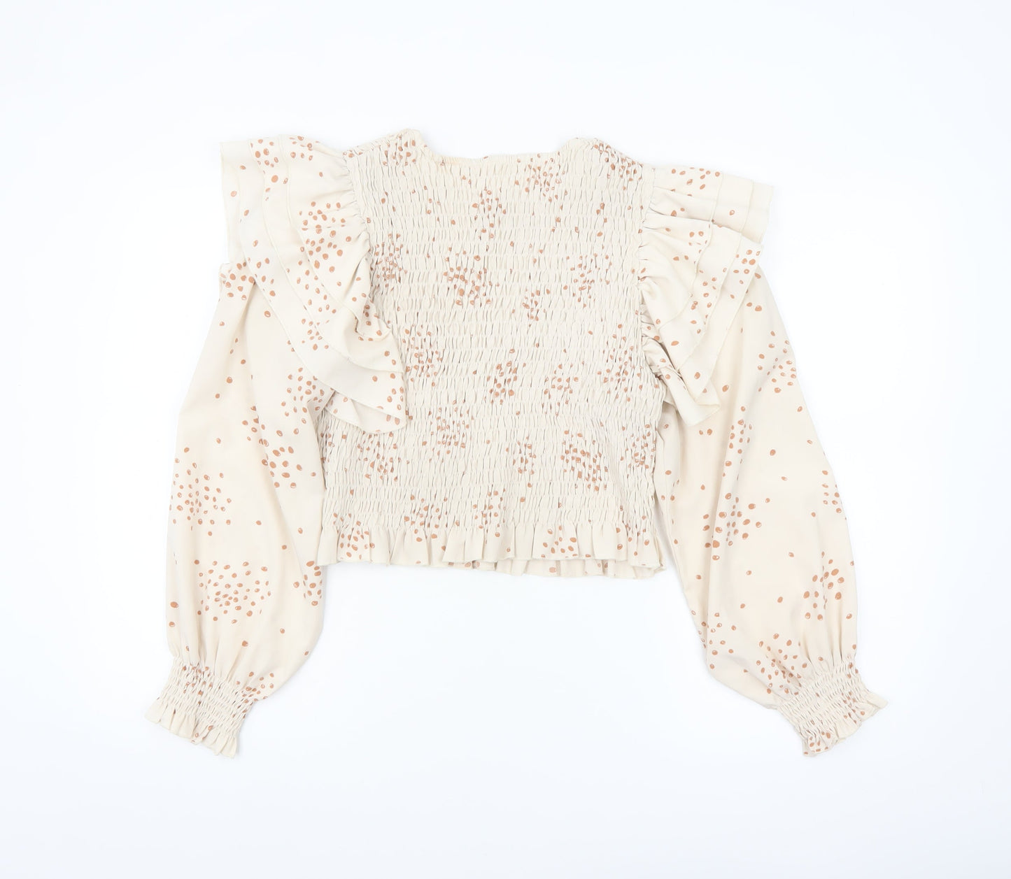 Urban Bliss Women's Beige Polka Dot Ruffle Long Sleeve Cropped Blouse Size 16