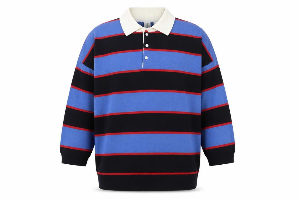 Collusion Men's Blue Striped Collared Henley Jumper Size M