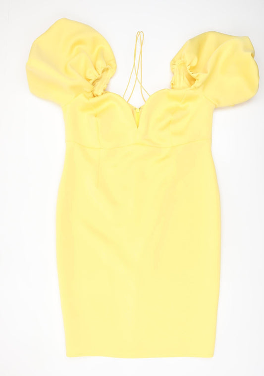 ASOS Women Yellow Puff Sleeve Bodycon Dress UK 10 Midi Party Style