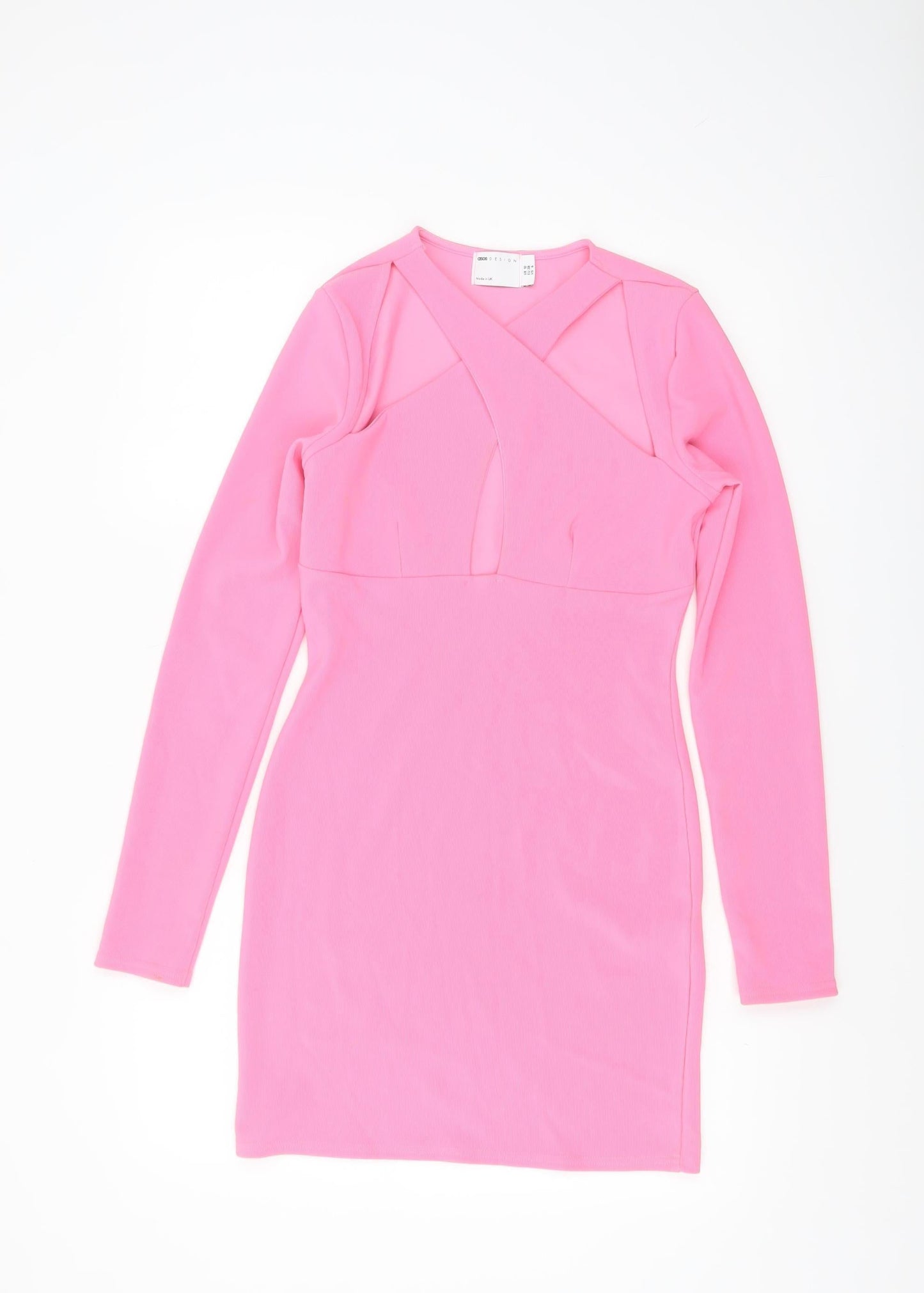 ASOS Women’s Pink Bodycon Mini Dress Size 10 Long Sleeve V-Neck