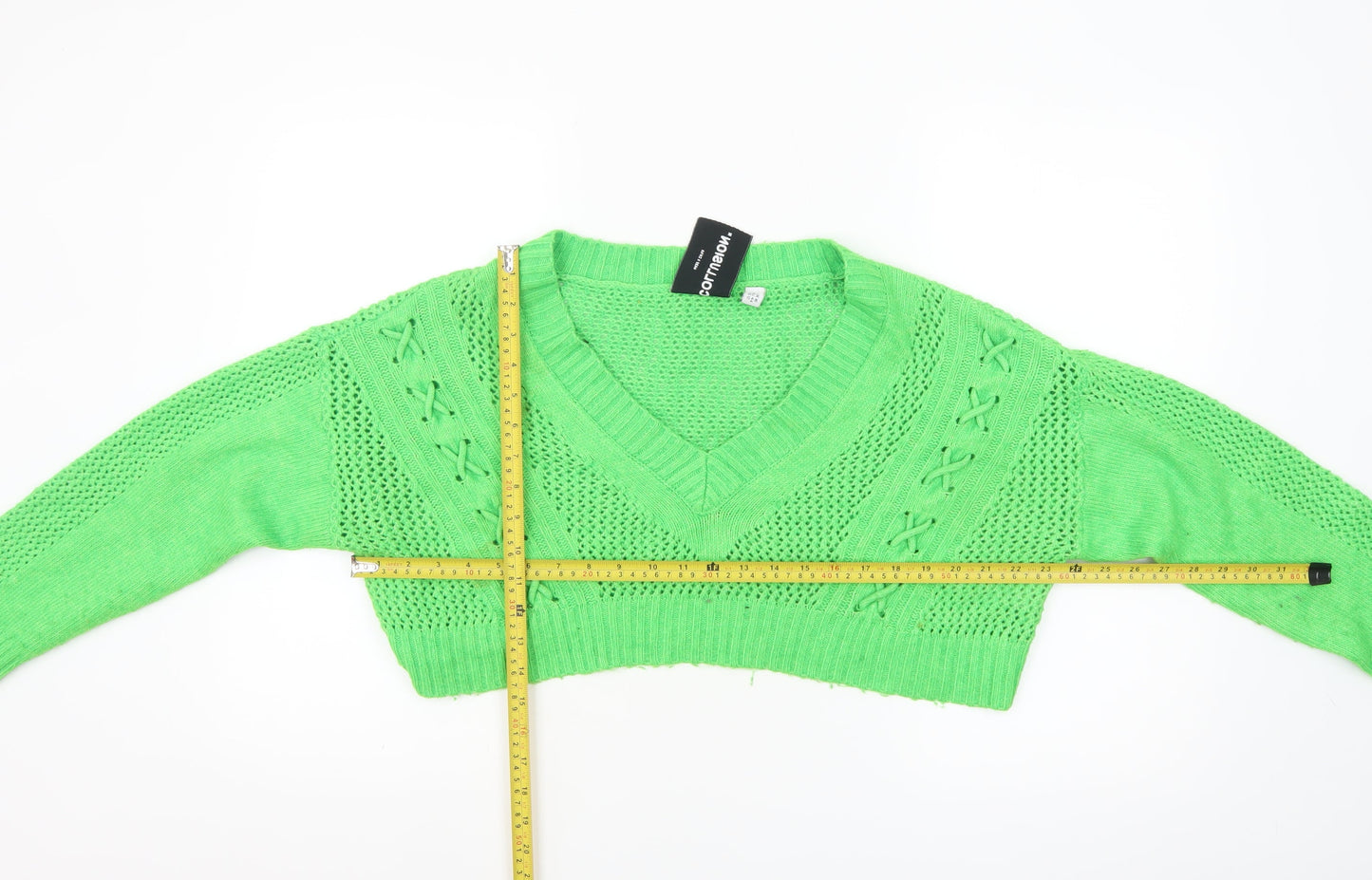 Collusion Womens Green V-Neck Cropped Jumper UK 16 Knit Acrylic Blend