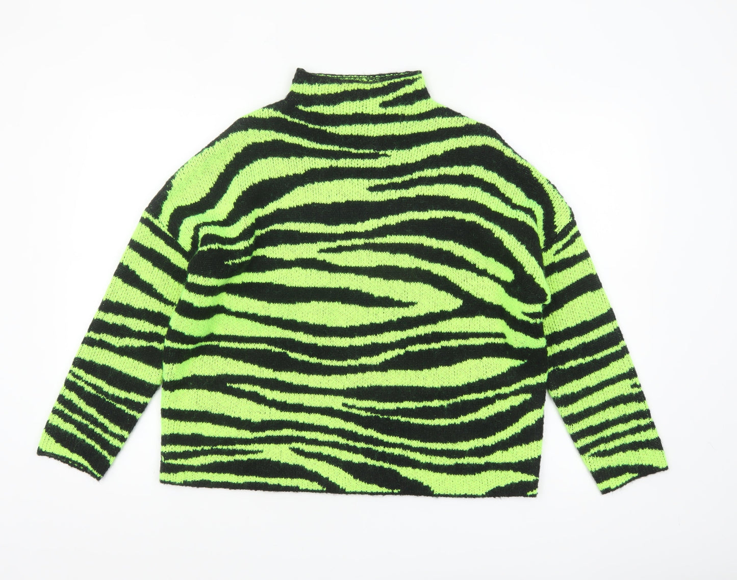 Collusion Women Green Black Zebra Knit Jumper UK 6 Acrylic High Neck
