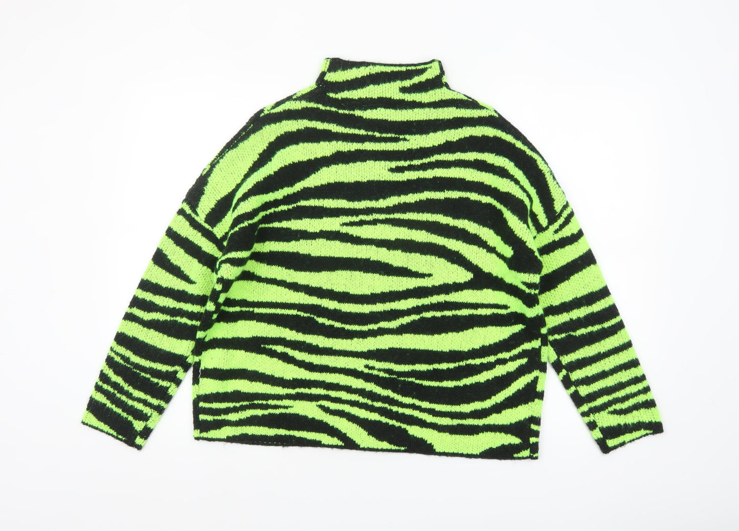 Collusion Women Green Black Zebra Knit Jumper UK 6 Acrylic High Neck