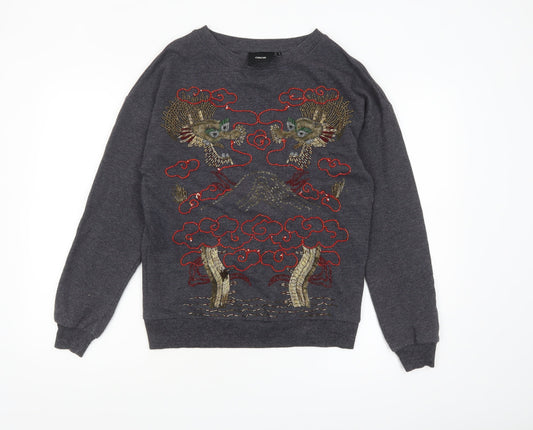 ASOS Women Grey Dragon Embroidered Pullover Sweatshirt Size 6