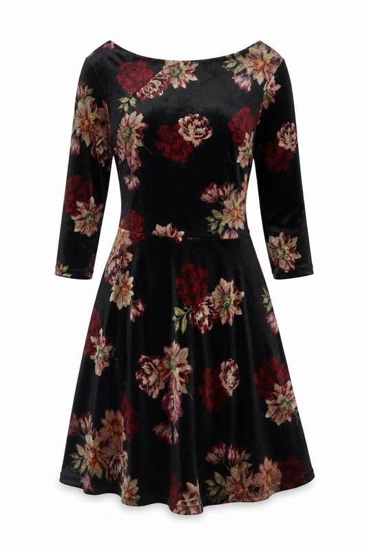 New Look Women’s Black Floral Velvet Fit & Flare Dress UK 6