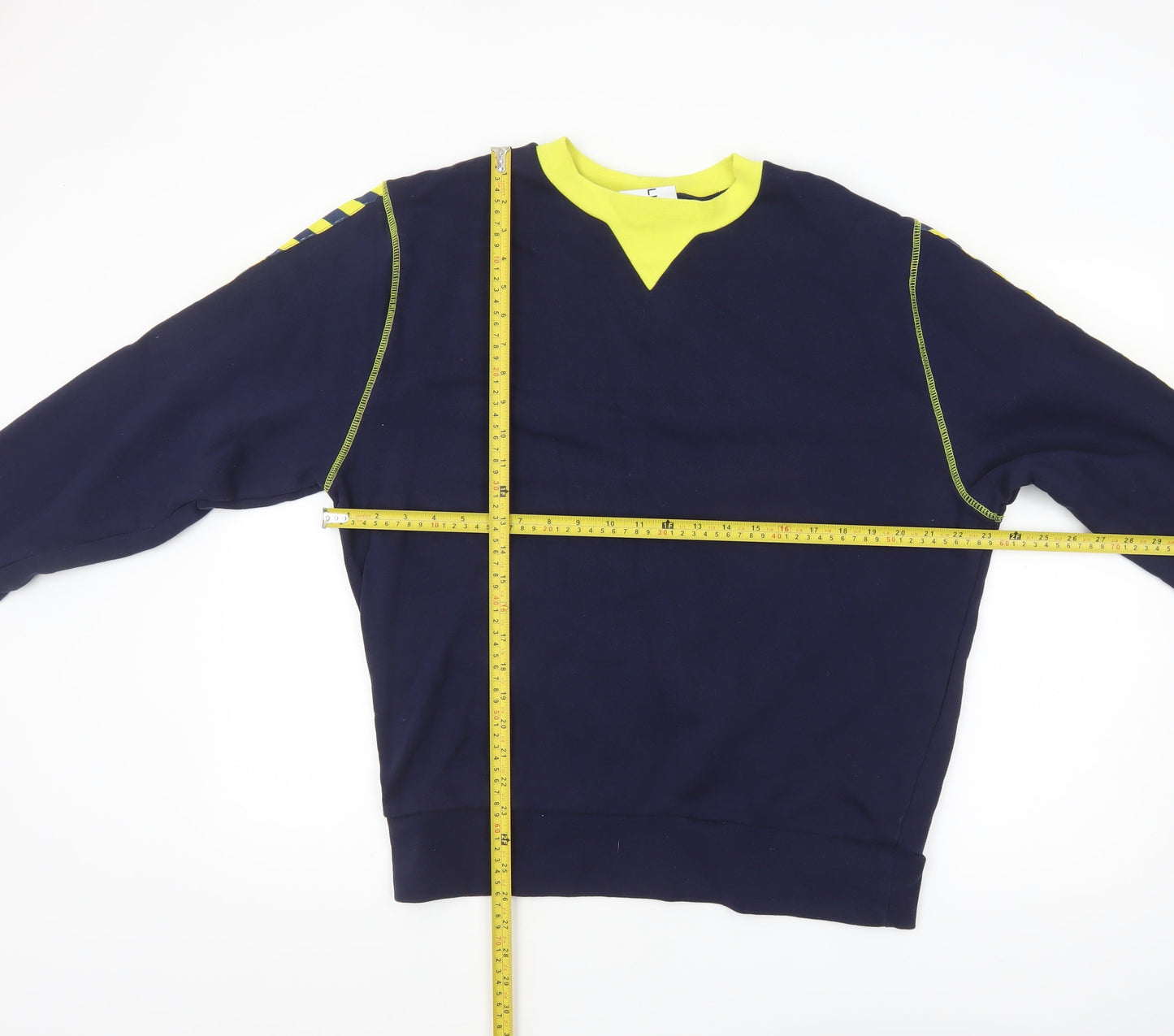 Collusion Men's Blue & Yellow Crew Neck Long Sleeve Pullover Sweatshirt S