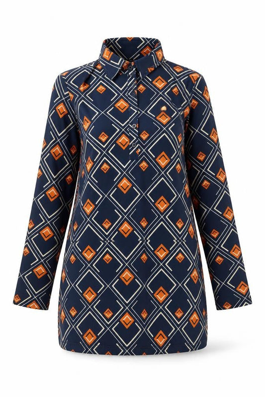 Zara Women Blue Geometric Shift Dress Size S Long Sleeve Retro Style