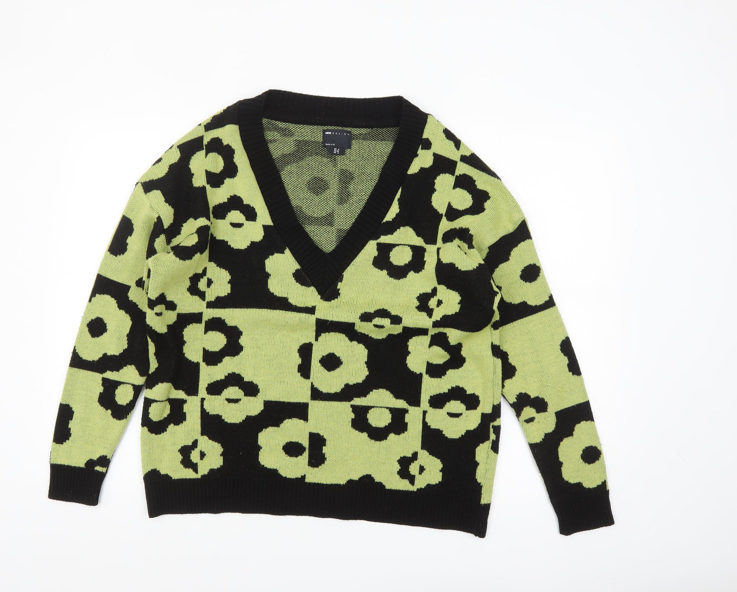 ASOS DESIGN Women’s Green Floral V-Neck Pullover Jumper Size 8