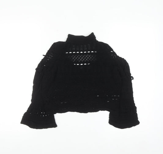 Topshop Women Black Crochet Cropped High Neck Blouse Size 10