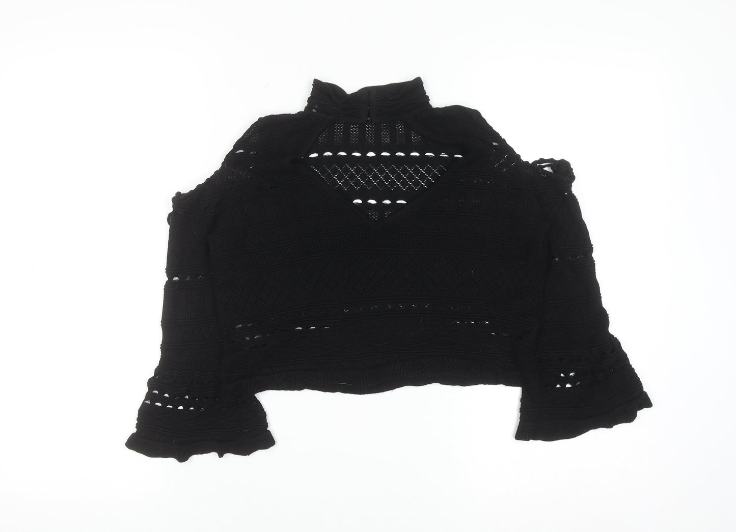 Topshop Women Black Crochet Cropped High Neck Blouse Size 10