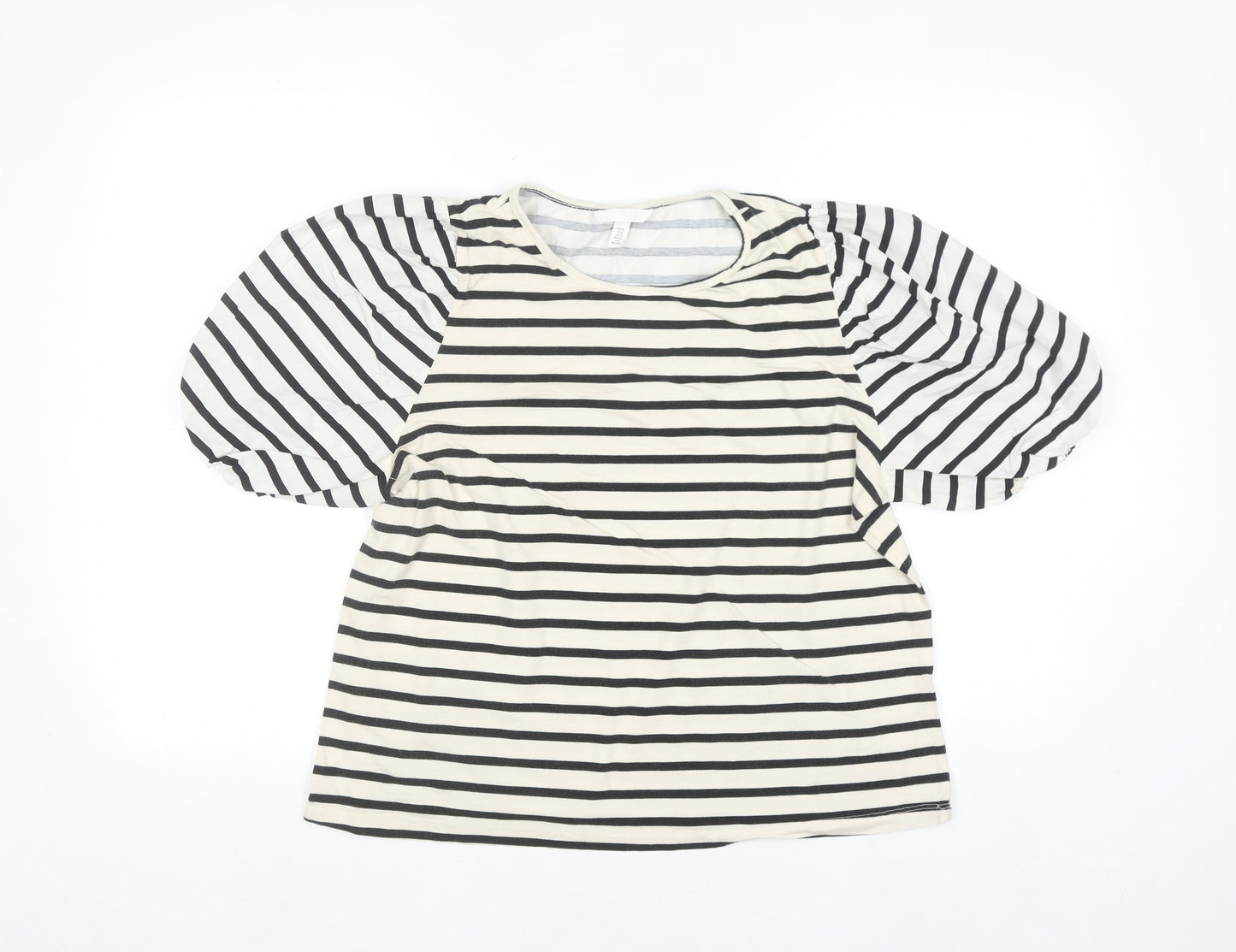 H&M Women Black Striped Puff Sleeve Jersey T-Shirt Size 16
