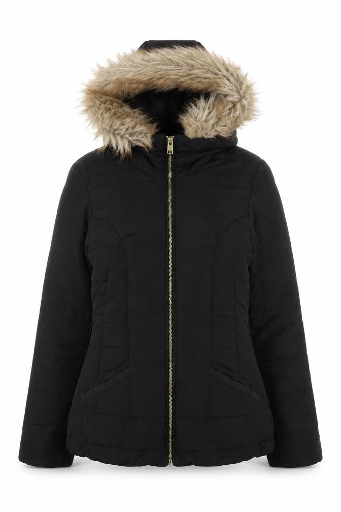 H&M Women's Black Faux Fur Hooded Puffer Jacket Size 6