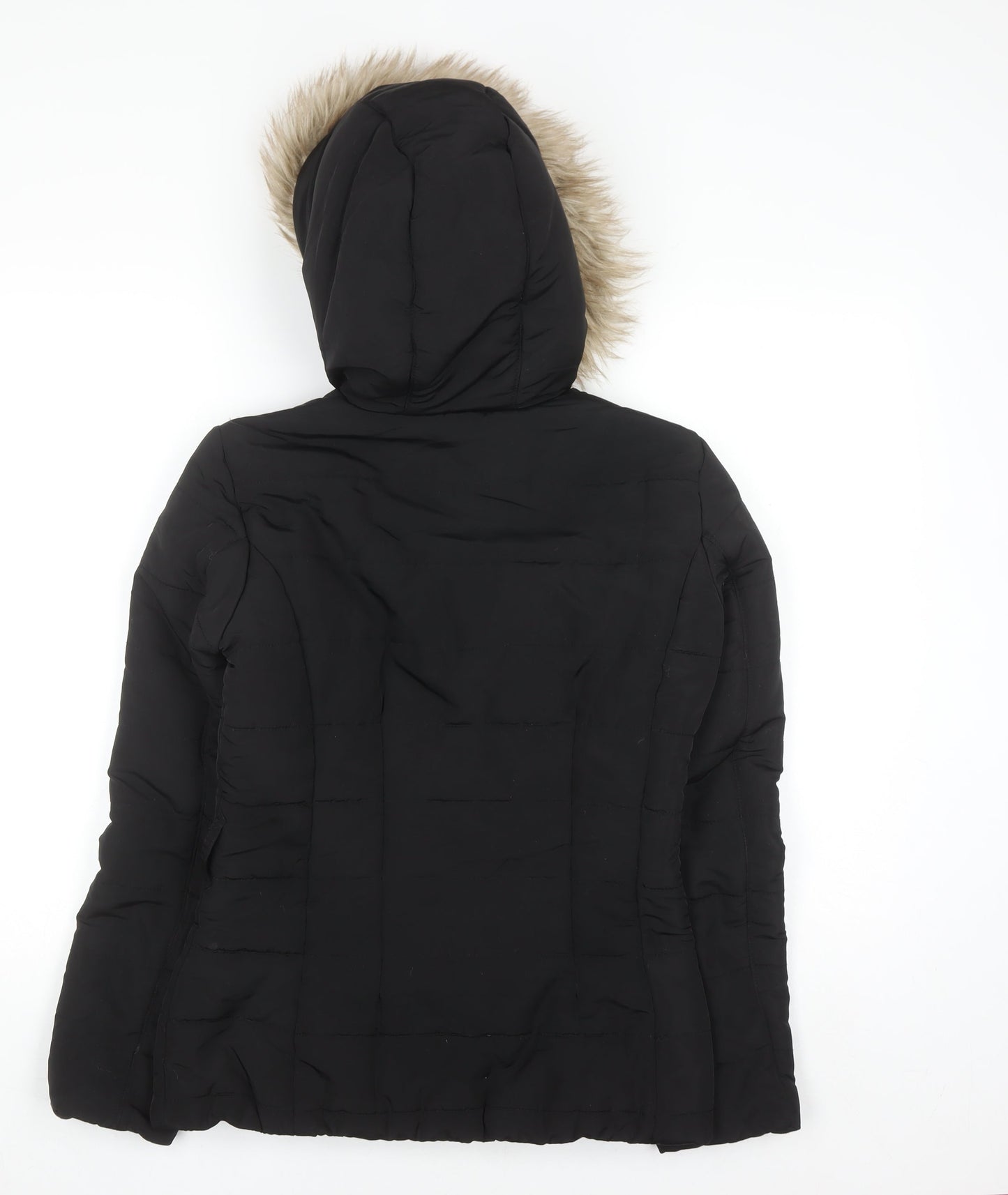 H&M Women's Black Faux Fur Hooded Puffer Jacket Size 6
