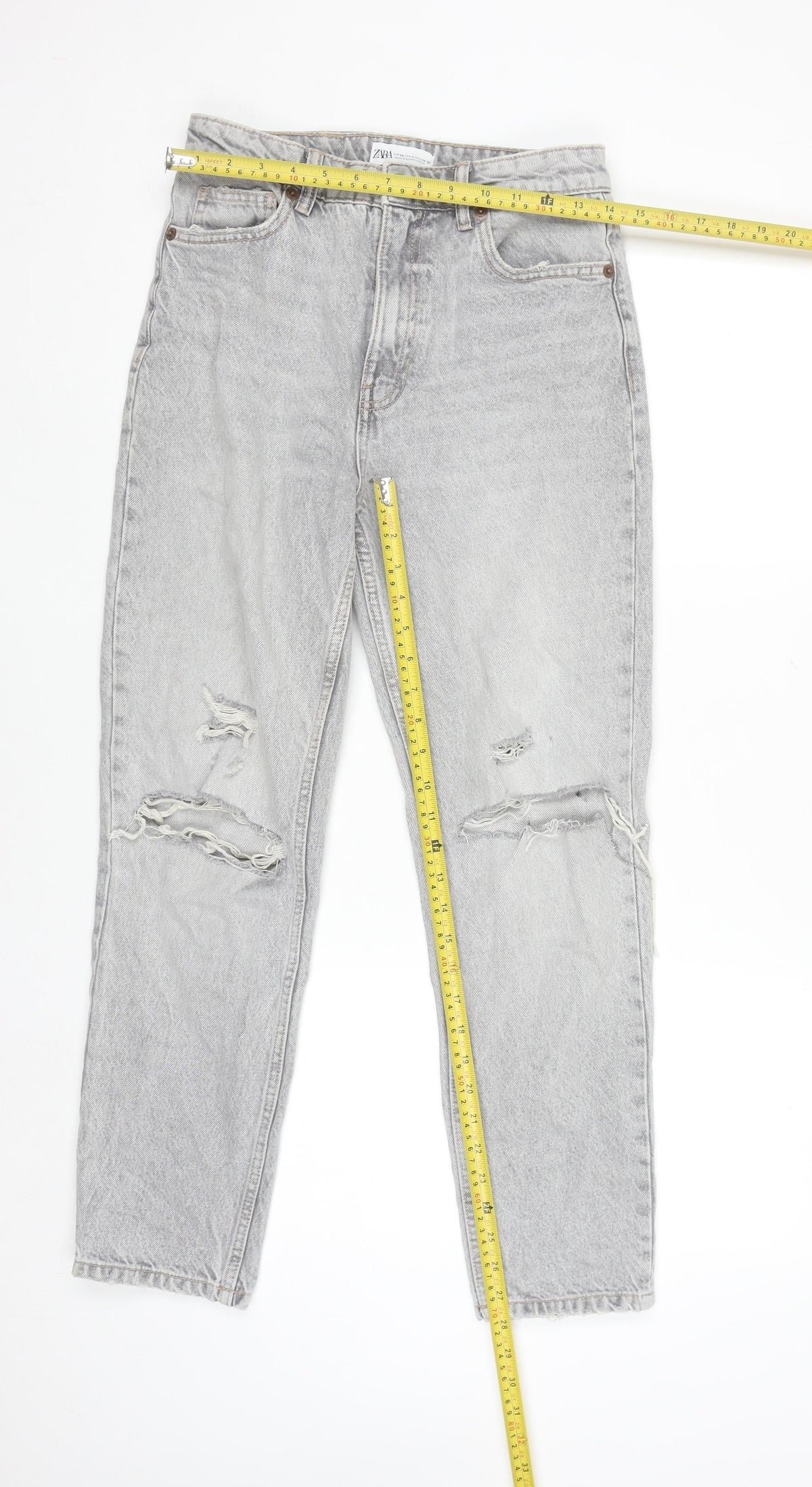 Zara Women Grey Distressed Mom Jeans Size 8 Relaxed Fit Denim