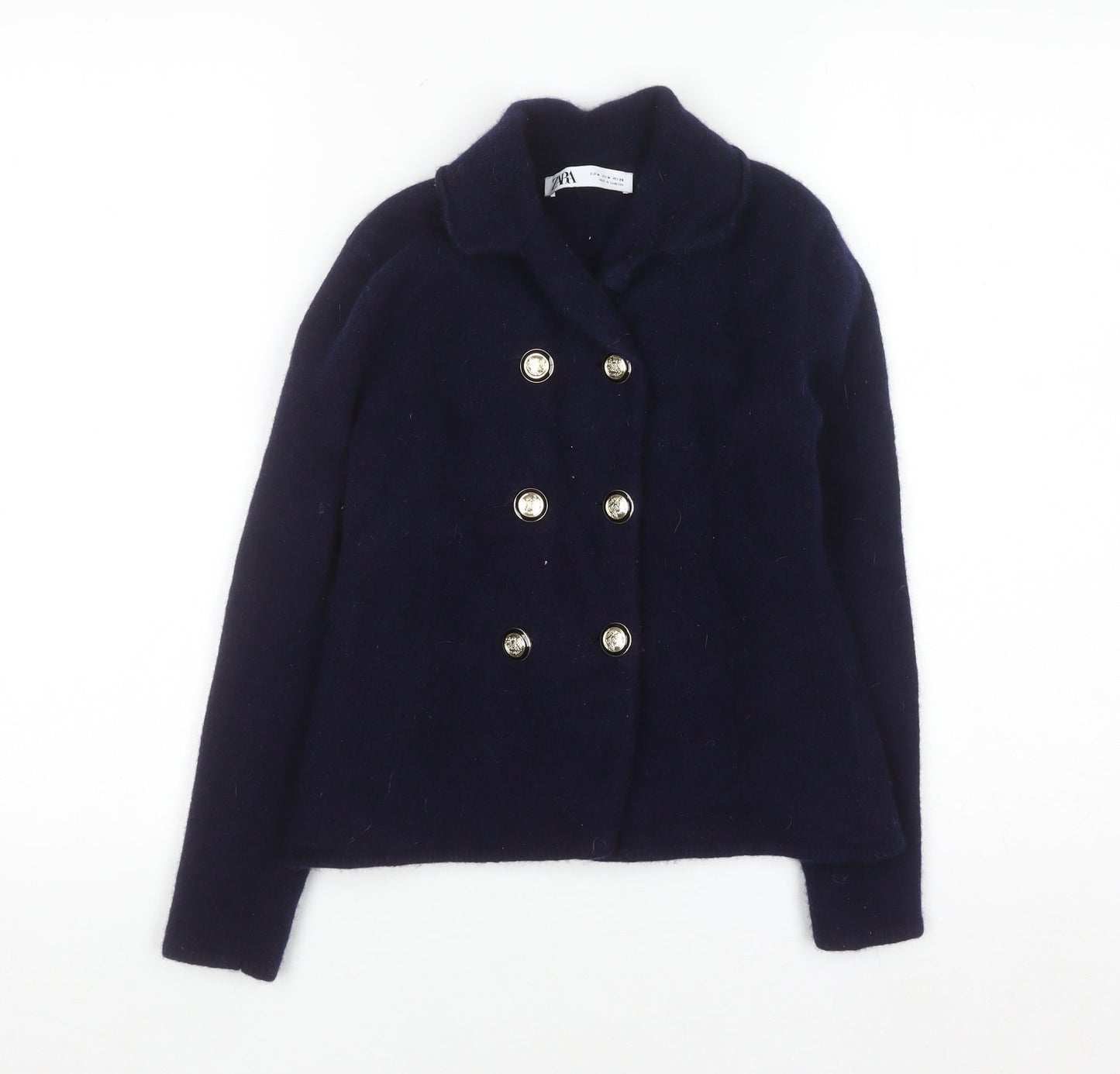 Zara Women's Blue Wool Pea Coat Jacket Size 12 Double-Breasted