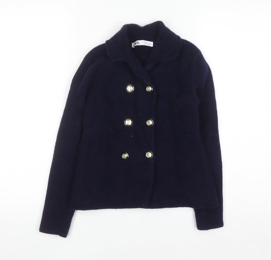 Zara Women's Blue Wool Pea Coat Jacket Size 12 Double-Breasted