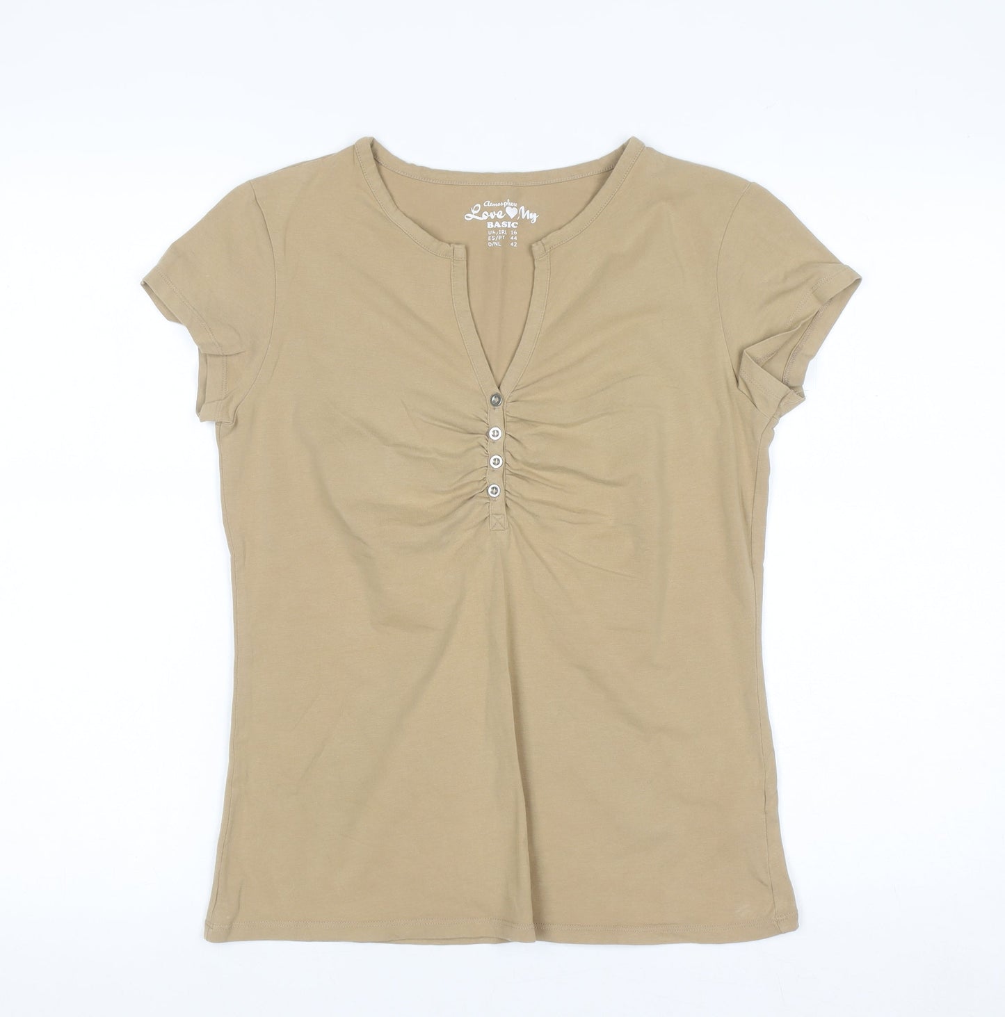 Atmosphere Women Beige Basic Short Sleeve Henley T-Shirt Size 16