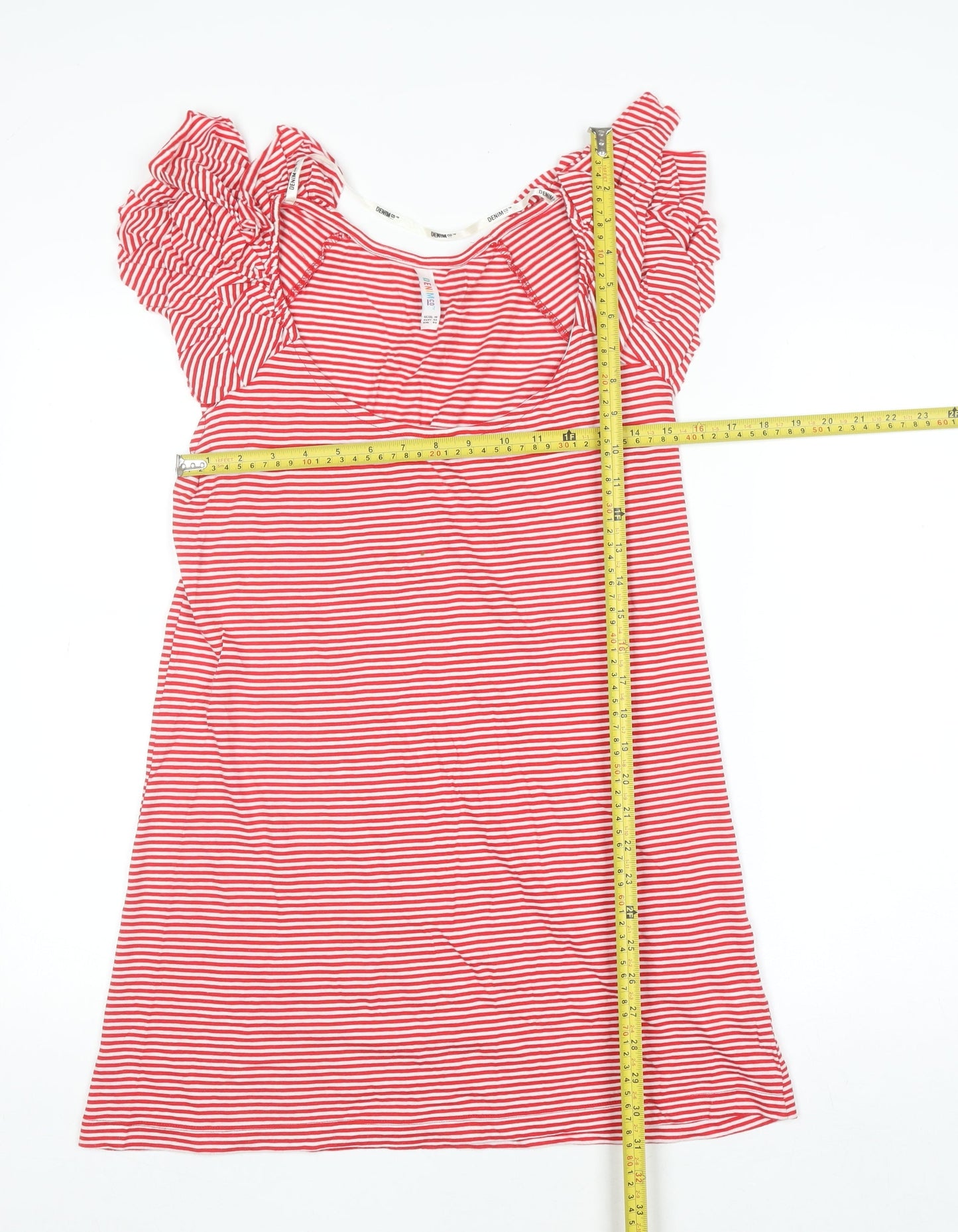 Denim Co Womens Red Striped Ruffle Sleeve Cotton T-Shirt Size 14