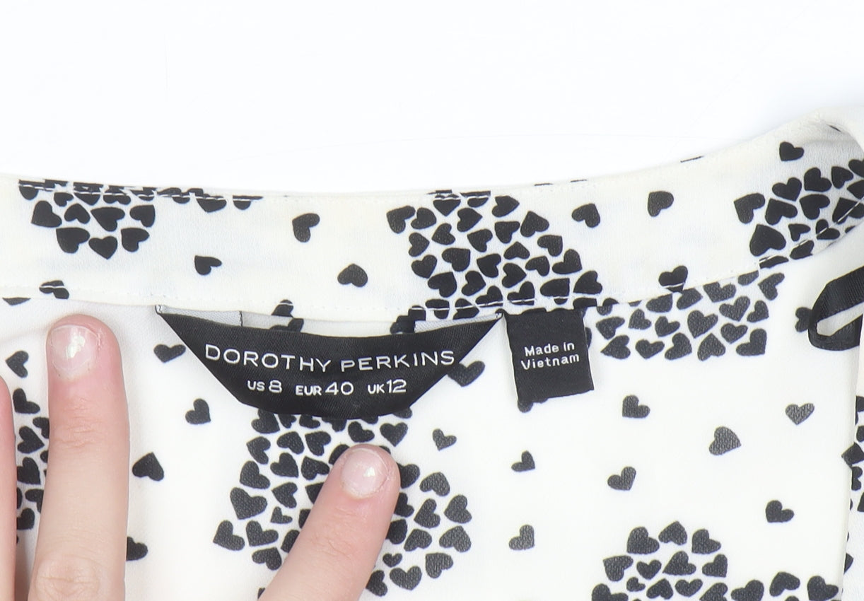 Dorothy Perkins Women White Heart Print Long Sleeve V-Neck Blouse Size 12