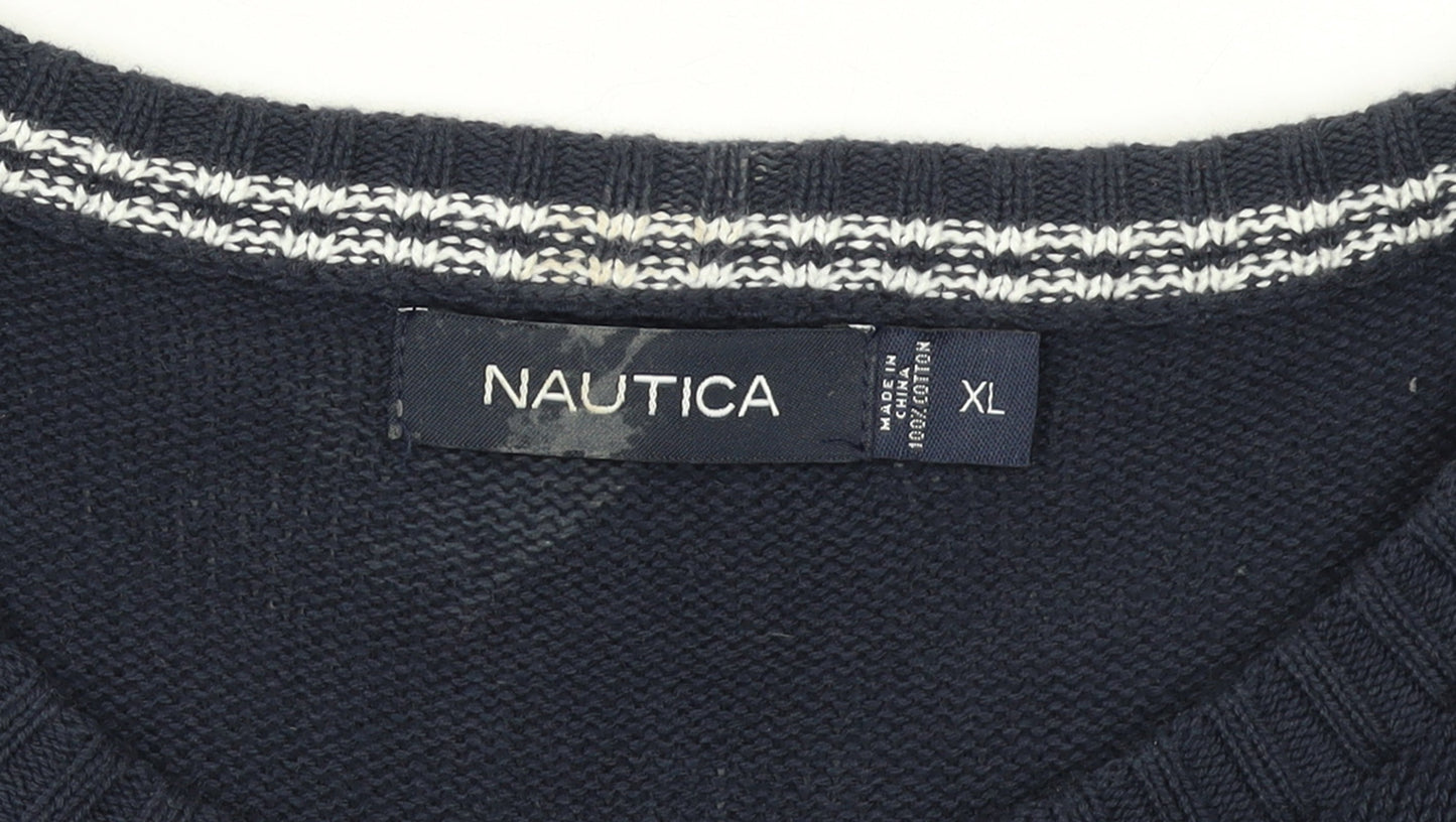 Nautica Men's Blue Fair Isle Cotton Crew Neck Jumper XL