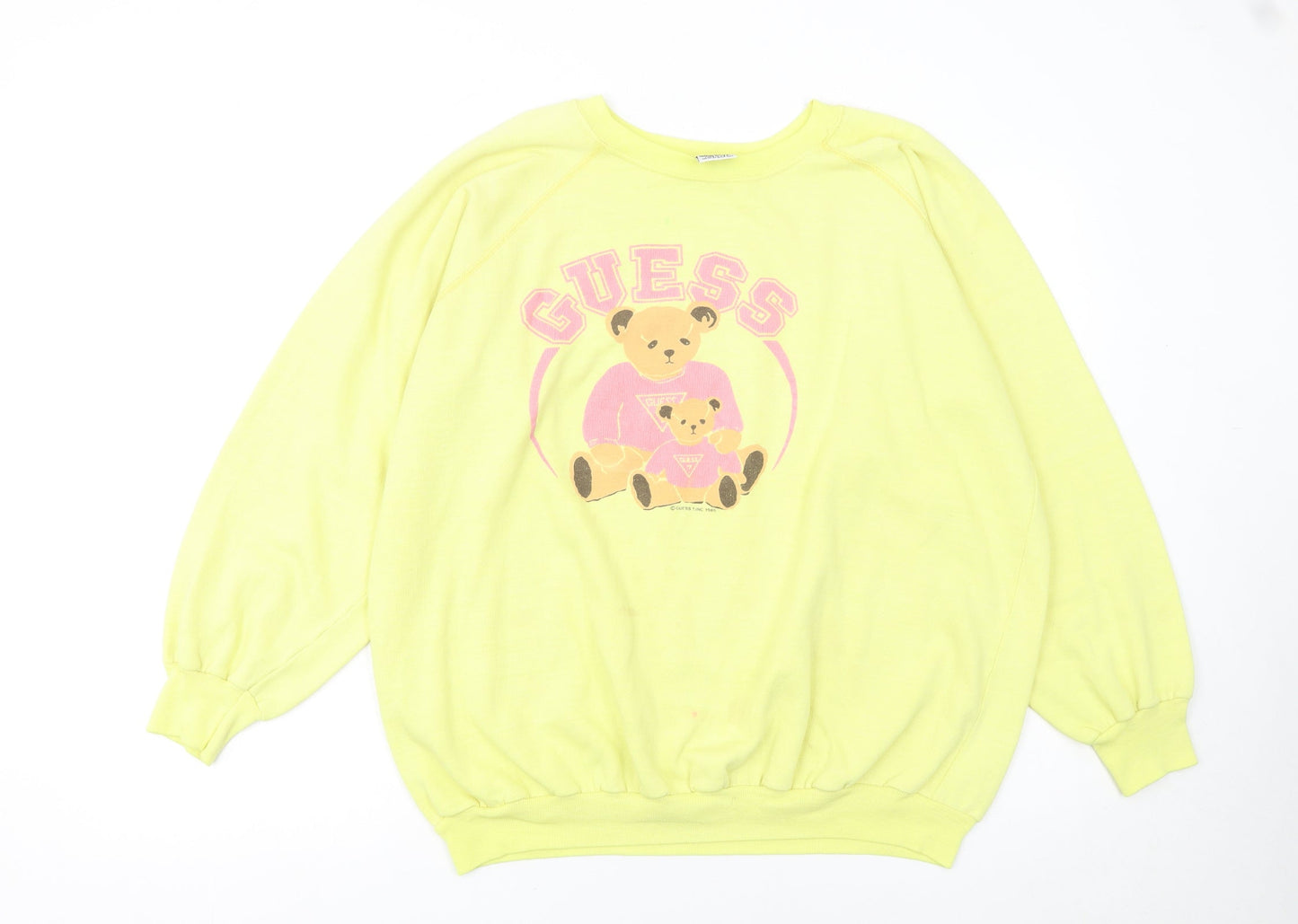 Guess Women Yellow Pullover Sweatshirt L Teddy Bear Graphic Vintage