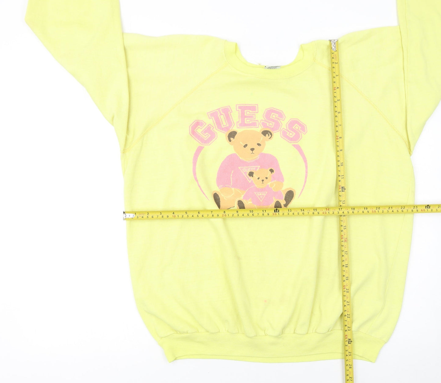 Guess Women Yellow Pullover Sweatshirt L Teddy Bear Graphic Vintage